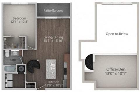 Floor plan for 1 bed, 1 bath, 957 sqft